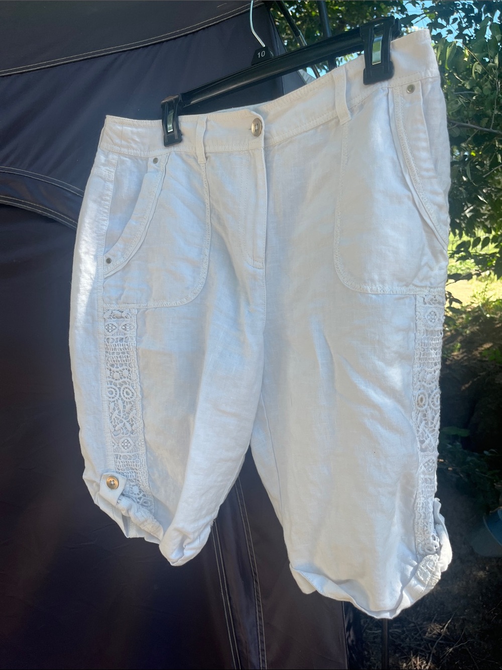 Chico's White Linen Bermuda Shorts with Lace Panels